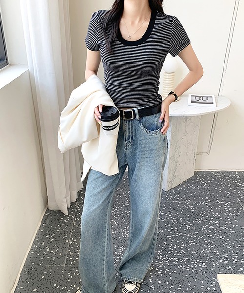 Girly Doll(ガーリードール)の「ピンボーダーコットンリブTシャツ(Tシャツ/カットソー・レディース・ライトブルー/ブラック/グレー・FREE)」の9枚目の写真