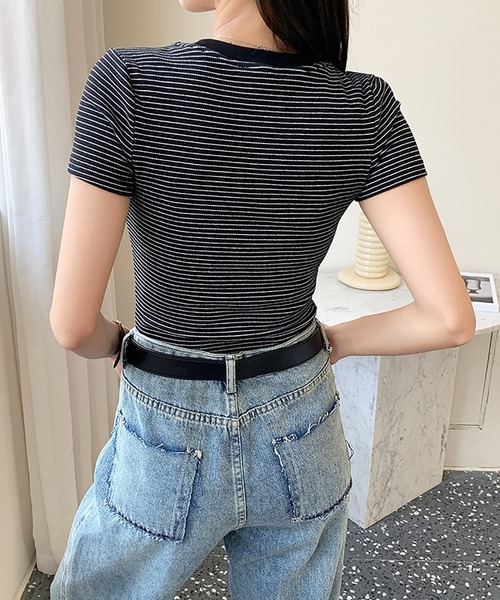 Girly Doll(ガーリードール)の「ピンボーダーコットンリブTシャツ(Tシャツ/カットソー・レディース・ライトブルー/ブラック/グレー・FREE)」の16枚目の写真