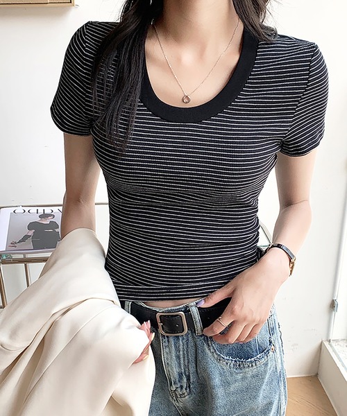 Girly Doll(ガーリードール)の「ピンボーダーコットンリブTシャツ(Tシャツ/カットソー・レディース・ライトブルー/ブラック/グレー・FREE)」の7枚目の写真
