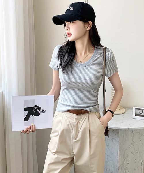Girly Doll(ガーリードール)の「ピンボーダーコットンリブTシャツ(Tシャツ/カットソー・レディース・ライトブルー/ブラック/グレー・FREE)」の21枚目の写真