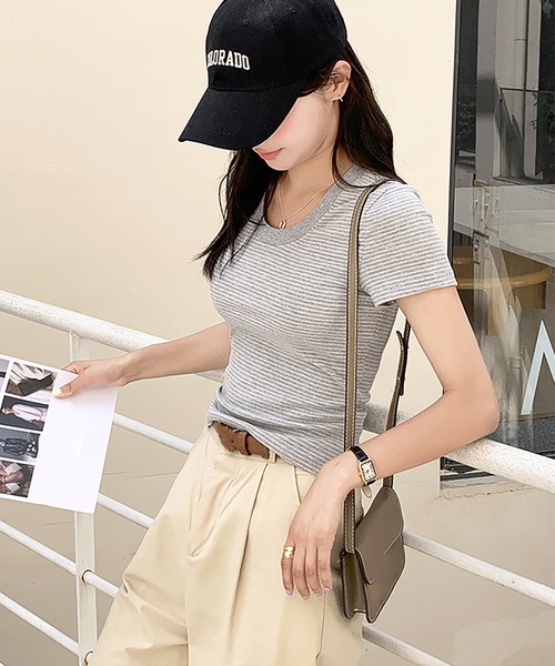 Girly Doll(ガーリードール)の「ピンボーダーコットンリブTシャツ(Tシャツ/カットソー・レディース・ライトブルー/ブラック/グレー・FREE)」の14枚目の写真