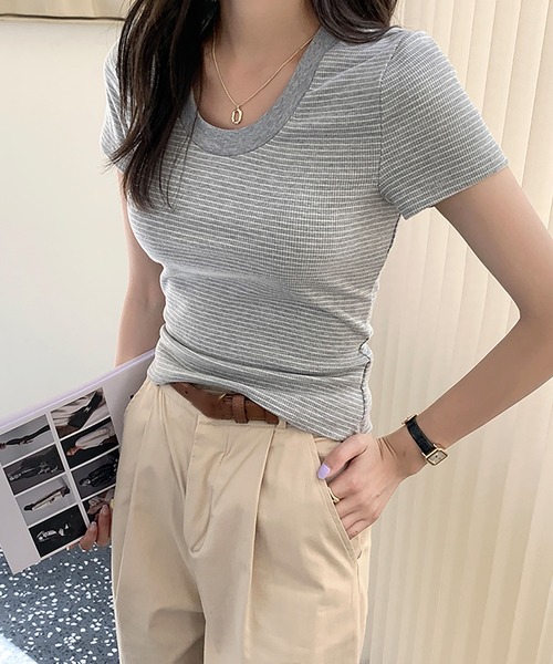 Girly Doll(ガーリードール)の「ピンボーダーコットンリブTシャツ(Tシャツ/カットソー・レディース・ライトブルー/ブラック/グレー・FREE)」の19枚目の写真
