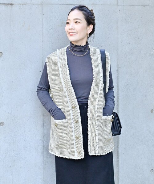 Simplicite（サンプリシテ）の「前開きツイードベスト（ベスト・レディース・ベージュ/ネイビー・FREE）」の6枚目の写真