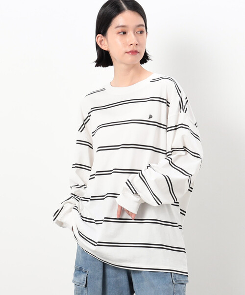 Purple&Yellow（パープルアンドイエロー）の「プリントボーダー 長袖ビッグＴシャツ（Tシャツ/カットソー・メンズ・ベージュ/ブラック/ホワイト・L/M/S）」の7枚目の写真