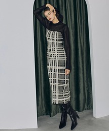 【中古】未使用品 エイミーイストワール eimy istoire タグ付き チェックジャガードニットワンピース ロング F 長袖 EIMY ISTOIRE（エイミーイストワール）の「チェックジャガードニット