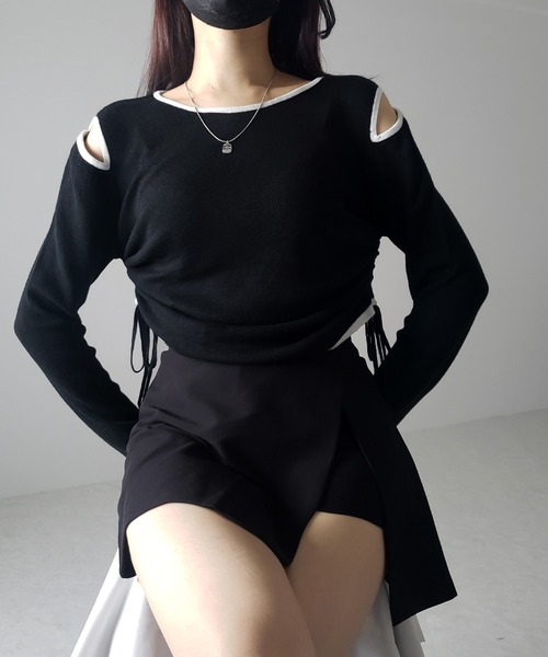 me+em select(ミームセレクト)の「【 4color 】パイピングカットアウトサイドリボンニットトップス(ニット/セーター・レディース・ホワイト/グレー/ブラック/ブルー・FREE)」の6枚目の写真