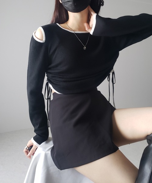 me+em select(ミームセレクト)の「【 4color 】パイピングカットアウトサイドリボンニットトップス(ニット/セーター・レディース・ホワイト/グレー/ブラック/ブルー・FREE)」の8枚目の写真