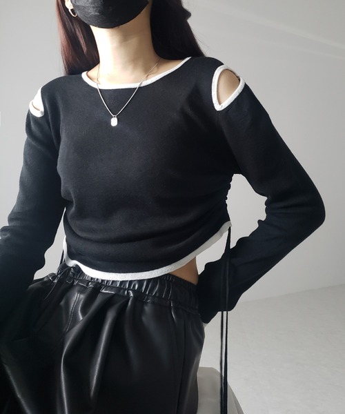 me+em select(ミームセレクト)の「【 4color 】パイピングカットアウトサイドリボンニットトップス(ニット/セーター・レディース・ホワイト/グレー/ブラック/ブルー・FREE)」の9枚目の写真