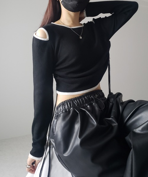 me+em select(ミームセレクト)の「【 4color 】パイピングカットアウトサイドリボンニットトップス(ニット/セーター・レディース・ホワイト/グレー/ブラック/ブルー・FREE)」の10枚目の写真