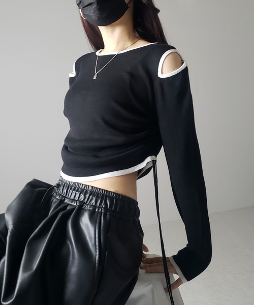 me+em select(ミームセレクト)の「【 4color 】パイピングカットアウトサイドリボンニットトップス(ニット/セーター・レディース・ホワイト/グレー/ブラック/ブルー・FREE)」の11枚目の写真