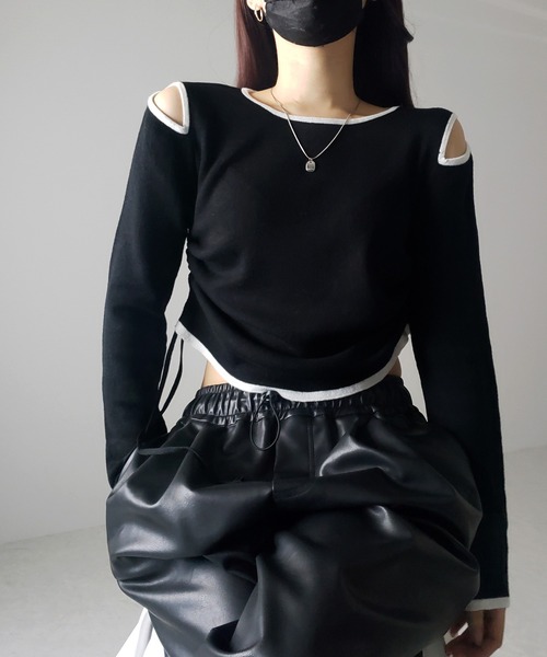 me+em select(ミームセレクト)の「【 4color 】パイピングカットアウトサイドリボンニットトップス(ニット/セーター・レディース・ホワイト/グレー/ブラック/ブルー・FREE)」の12枚目の写真