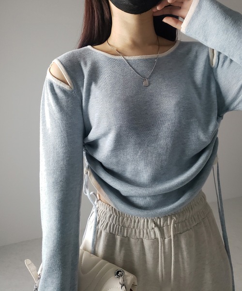 me+em select(ミームセレクト)の「【 4color 】パイピングカットアウトサイドリボンニットトップス(ニット/セーター・レディース・ホワイト/グレー/ブラック/ブルー・FREE)」の14枚目の写真