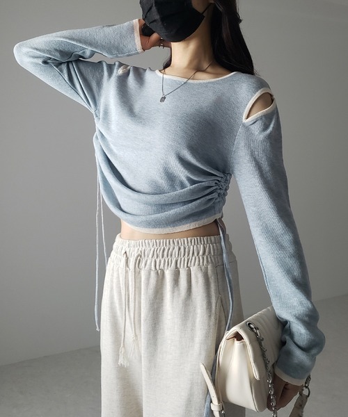 me+em select(ミームセレクト)の「【 4color 】パイピングカットアウトサイドリボンニットトップス(ニット/セーター・レディース・ホワイト/グレー/ブラック/ブルー・FREE)」の16枚目の写真
