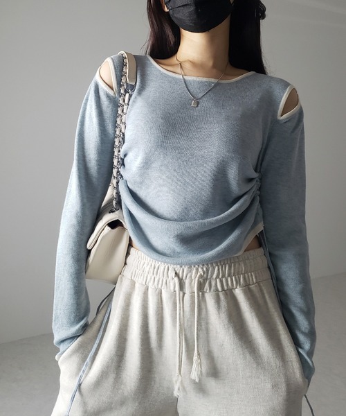 me+em select(ミームセレクト)の「【 4color 】パイピングカットアウトサイドリボンニットトップス(ニット/セーター・レディース・ホワイト/グレー/ブラック/ブルー・FREE)」の17枚目の写真