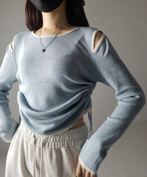 me+em select(ミームセレクト)の「【 4color 】パイピングカットアウトサイドリボンニットトップス(ニット/セーター・レディース・ホワイト/グレー/ブラック/ブルー・FREE)」の18枚目の写真