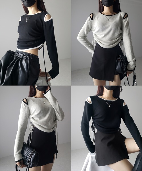 me+em select(ミームセレクト)の「【 4color 】パイピングカットアウトサイドリボンニットトップス(ニット/セーター・レディース・ホワイト/グレー/ブラック/ブルー・FREE)」の5枚目の写真