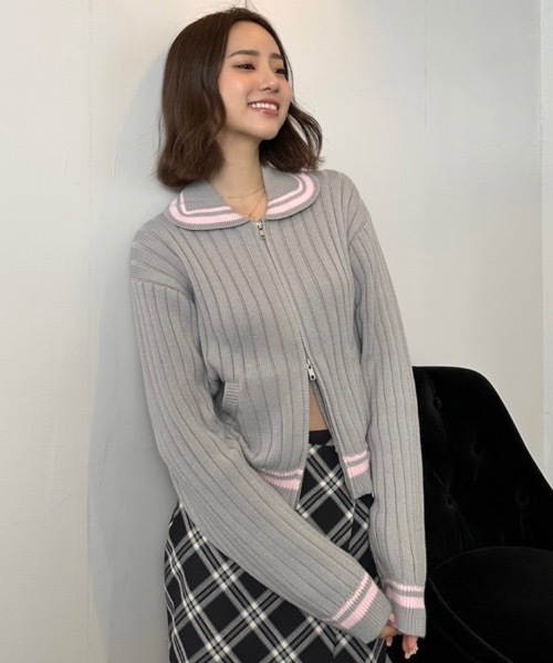 【即日発送】stone  ダブルジップ セーター 薄手 グレー M JUST A NOON（ジャストアヌーン）の「ダブルジップアップニット