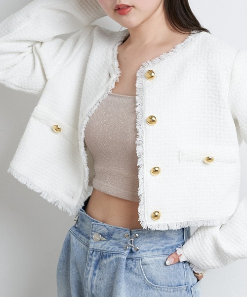 新品タグ付き✨イウエンマトフ 24SS オーガンジーショートジャケット ホワイト Chico(チコ)の「【新色追加/2024SS】ツイード金釦ジャケット