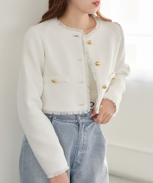 Chico（チコ）の「【新色追加/2024SS】ツイード金釦ジャケット（ノーカラージャケット・レディース・ネイビー/ホワイト/ライトグレー/ライム・FREE）」の9枚目の写真