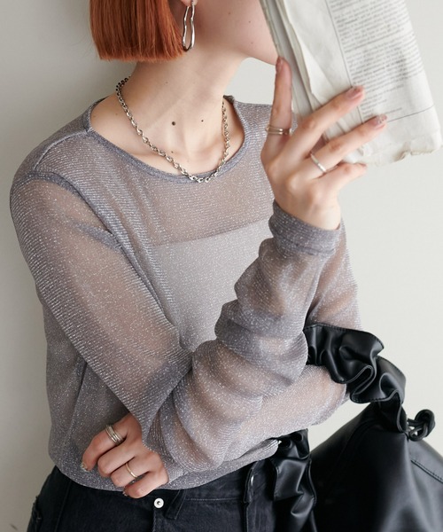 DISCOAT（ディスコート）の「【WEB限定】《新色追加！》ラメシアーT（Tシャツ/カットソー・レディース・ブラック/グレー/アイボリー/ブラウン/ピンク/チャコールグレー/ライトグレー/グレイッシュベージュ/ネイビー系・MEDIUM）」の5枚目の写真