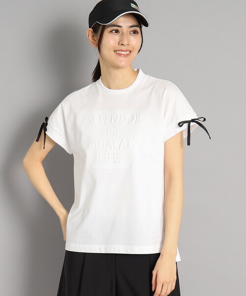 新品タグ付き★adabat ロゴデザイン リボン付き フレンチスリーブTシャツ セール】ロゴデザイン リボン付き フレンチスリーブTシャツ（T