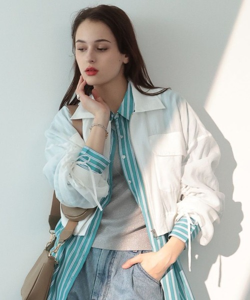 saloon（サルーン）の「SALOON(サルーン)/袖シャーリングシアーブルゾン（ブルゾン・レディース・ライトグリーン/オフホワイト/ブラック・FREE）」の4枚目の写真