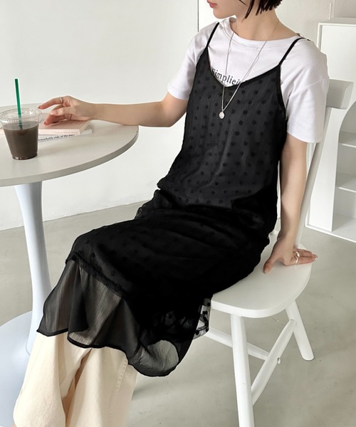 AR22349＊バストギャザー✖️フラワー刺繍キャミドレスclM セール】フラワー刺繍レイヤードシアーキャミワンピース