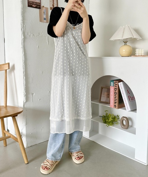 AR22349＊バストギャザー✖️フラワー刺繍キャミドレスclM XSサイズあり】立体フラワー付き刺繍レース×キャミソール