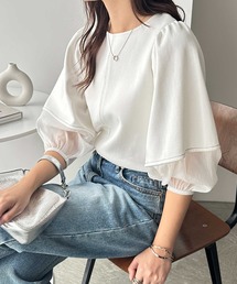 袖シアー切替ランタンスリーブトップス