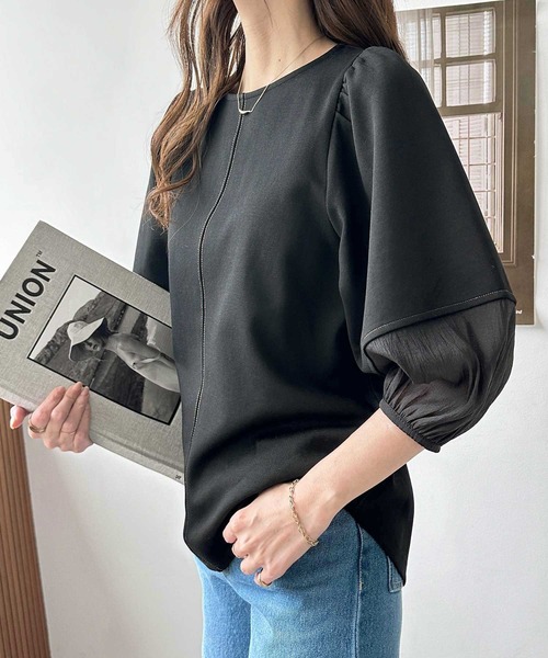 GeeRA(ジーラ)の「袖シアー切替ランタンスリーブトップス(Tシャツ/カットソー・レディース・ブラック/オフホワイト・MEDIUM/LARGE)」の9枚目の写真
