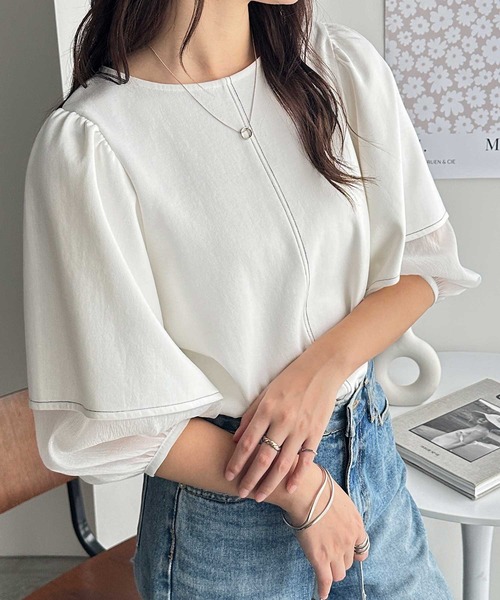 GeeRA(ジーラ)の「袖シアー切替ランタンスリーブトップス(Tシャツ/カットソー・レディース・ブラック/オフホワイト・MEDIUM/LARGE)」の18枚目の写真