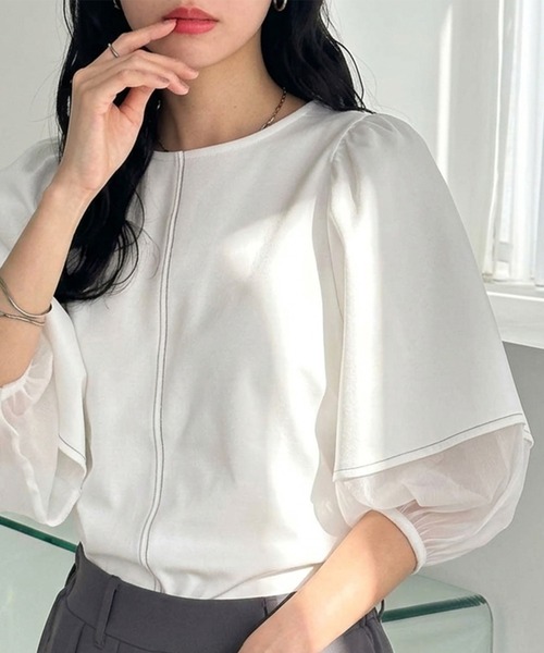 セール】袖シアー切替ランタンスリーブトップス（Tシャツ/カットソー