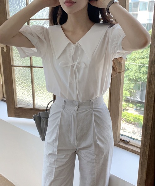 MAISON DE THERESE(メゾン ド テレーズ)の「Vネック半袖シャツ(シャツ/ブラウス・レディース・ホワイト/ライトグリーン・M/S)」の5枚目の写真