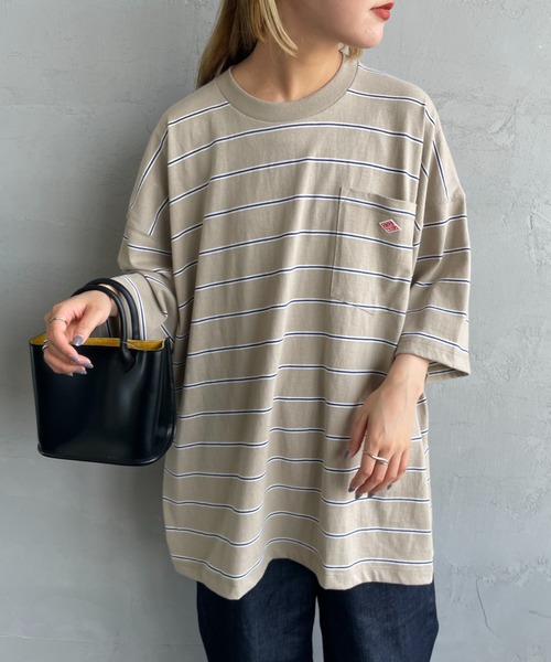 DANTON（ダントン）の「【WEB限定】[DANTON/ダントン] ビッグポケット ワンポイントロゴボーダーTシャツ（Tシャツ/カットソー・レディース・ブラック系/ベージュ/ネイビー・M/L）」の2枚目の写真