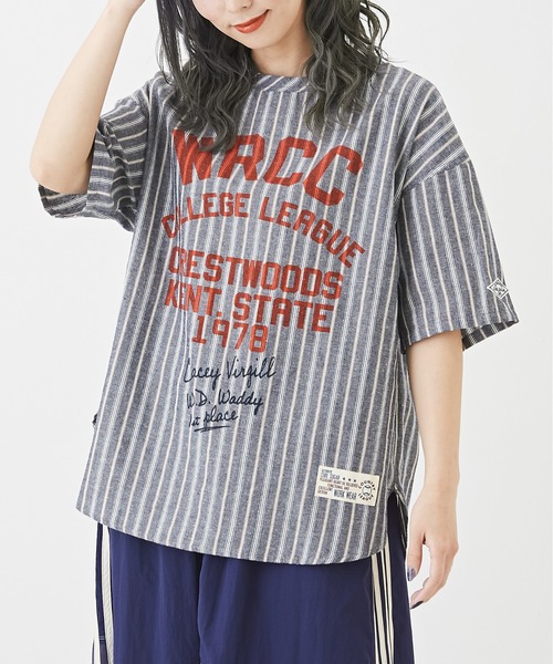 CUBE SUGAR(キューブシュガー)の「ストライプ半袖ロゴプリントプルオーバーシャツ(シャツ/ブラウス・レディース・ブラウン/マルチ/ブルー/ネイビー・M)」の3枚目の写真