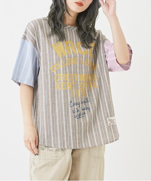 CUBE SUGAR(キューブシュガー)の「ストライプ半袖ロゴプリントプルオーバーシャツ(シャツ/ブラウス・レディース・ブラウン/マルチ/ブルー/ネイビー・M)」の4枚目の写真