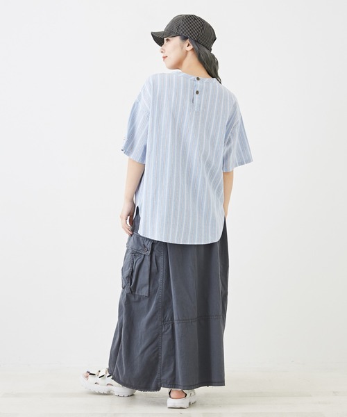 CUBE SUGAR(キューブシュガー)の「ストライプ半袖ロゴプリントプルオーバーシャツ(シャツ/ブラウス・レディース・ブラウン/マルチ/ブルー/ネイビー・M)」の10枚目の写真