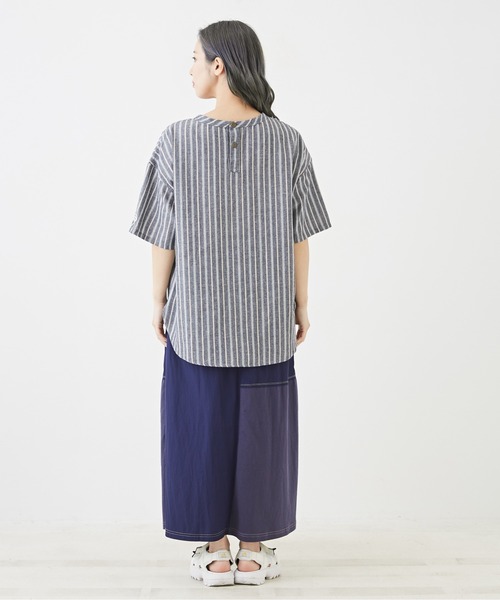 CUBE SUGAR(キューブシュガー)の「ストライプ半袖ロゴプリントプルオーバーシャツ(シャツ/ブラウス・レディース・ブラウン/マルチ/ブルー/ネイビー・M)」の13枚目の写真