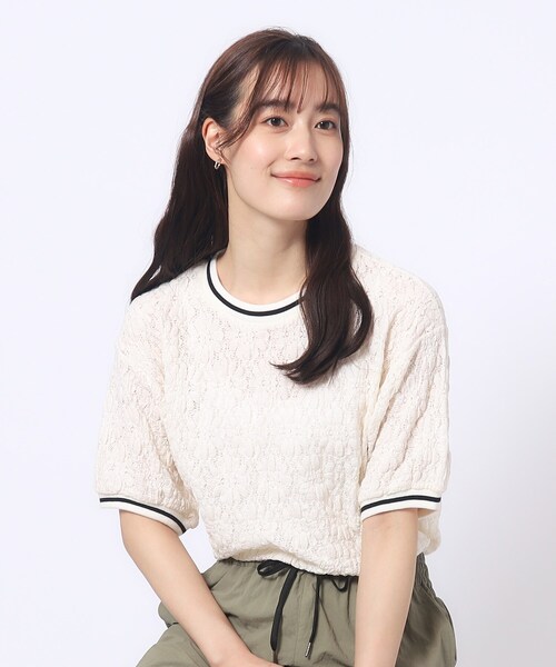 Cutie Blonde（キューティーブロンド）の「◆【インでもアウトでも】ライン入り ぽこぽこレーストップス（Tシャツ/カットソー・レディース・ホワイト系/ベビーピンク/ネイビー・03/04/02）」の2枚目の写真