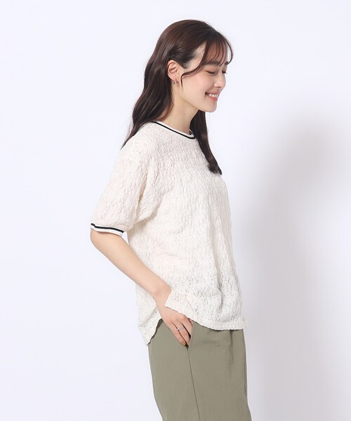 Cutie Blonde（キューティーブロンド）の「◆【インでもアウトでも】ライン入り ぽこぽこレーストップス（Tシャツ/カットソー・レディース・ホワイト系/ベビーピンク/ネイビー・03/04/02）」の5枚目の写真