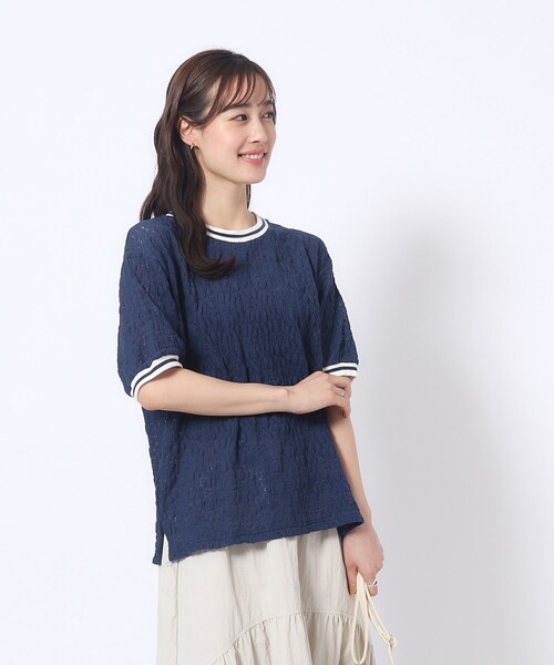 Cutie Blonde（キューティーブロンド）の「◆【インでもアウトでも】ライン入り ぽこぽこレーストップス（Tシャツ/カットソー・レディース・ホワイト系/ベビーピンク/ネイビー・03/04/02）」の12枚目の写真