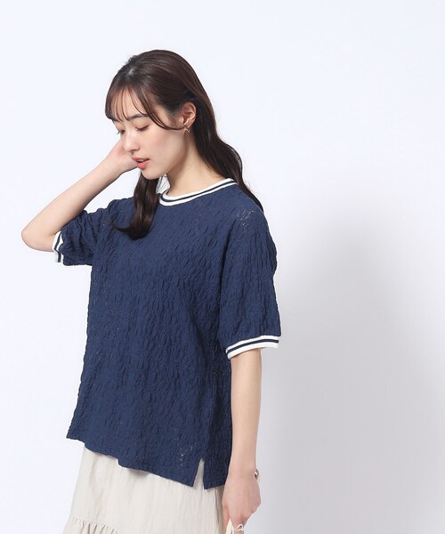 Cutie Blonde（キューティーブロンド）の「◆【インでもアウトでも】ライン入り ぽこぽこレーストップス（Tシャツ/カットソー・レディース・ホワイト系/ベビーピンク/ネイビー・03/04/02）」の13枚目の写真