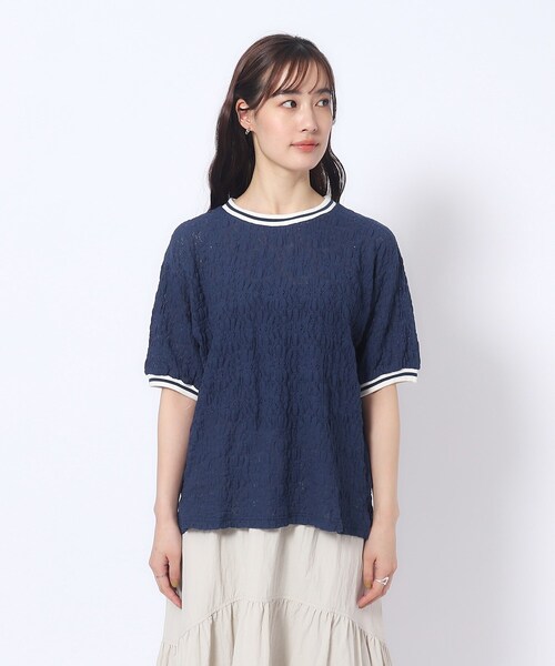 Cutie Blonde（キューティーブロンド）の「◆【インでもアウトでも】ライン入り ぽこぽこレーストップス（Tシャツ/カットソー・レディース・ホワイト系/ベビーピンク/ネイビー・03/04/02）」の16枚目の写真