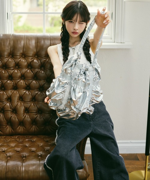 MIEL CRISHUNANT（ミエルクリシュナ）の「カップ付きサイドボタンノースリーブトップス（キャミソール・レディース・ライトブルー/ブラック/杢グレー/ホワイト・FREE）」の14枚目の写真