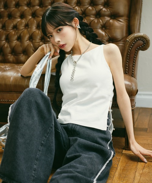 MIEL CRISHUNANT（ミエルクリシュナ）の「カップ付きサイドボタンノースリーブトップス（キャミソール・レディース・ライトブルー/ブラック/杢グレー/ホワイト・FREE）」の13枚目の写真