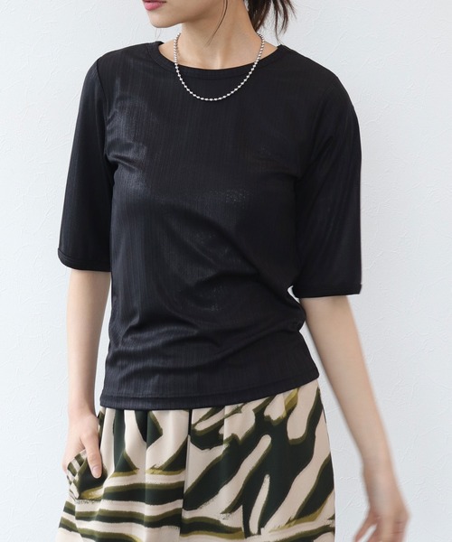 TITE IN THE STORE（ティテ　インザ　ストア）の「ラメリブ５分袖Tシャツ（Tシャツ/カットソー・レディース・ブラック/オフホワイト・38）」の2枚目の写真