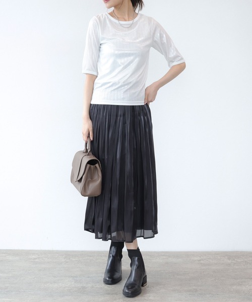 TITE IN THE STORE（ティテ　インザ　ストア）の「ラメリブ５分袖Tシャツ（Tシャツ/カットソー・レディース・ブラック/オフホワイト・38）」の7枚目の写真