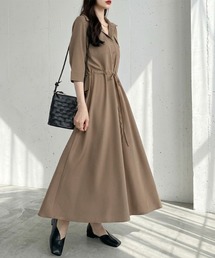 ウエストマークシャツワンピース ロング シャツワンピース ウエストマーク ワンピース 五分袖 オフィス オフィスカジュアル 春服 夏服 秋服