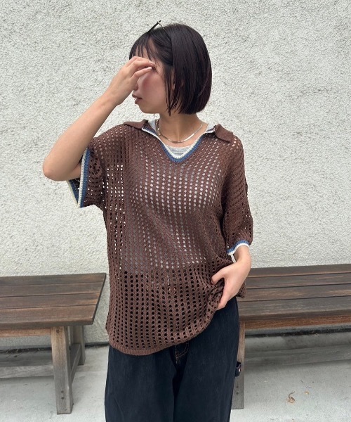 nemne store(ネンネストア)の「【keel】メッシュスキッパーニット(ニット/セーター・レディース・ネイビー/ブラウン・MEDIUM/SMALL)」の1枚目の写真