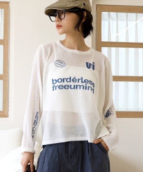 UNE MANSION(ユヌマンション)の「【季節の変わり目におすすめ】 y2kレタリングビーグルシースルーニット(ニット/セーター・レディース・アイボリー/スカイブルー・FREE)」の2枚目の写真